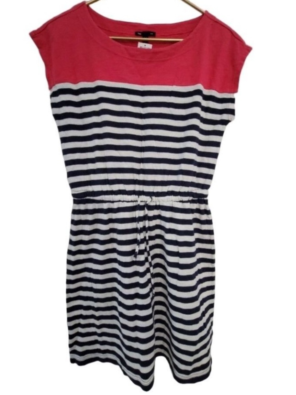 GAP Cinch Waist Dress Hot Pink Black White Stripes Crewneck Dress NEW With Tags